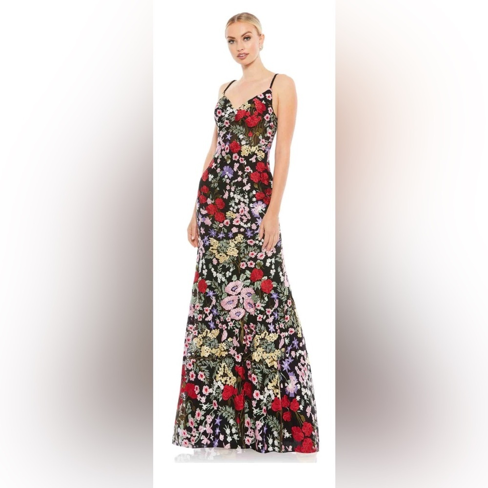 Mac Duggal Black Floral Maxi Dress with Red & Pink Accents